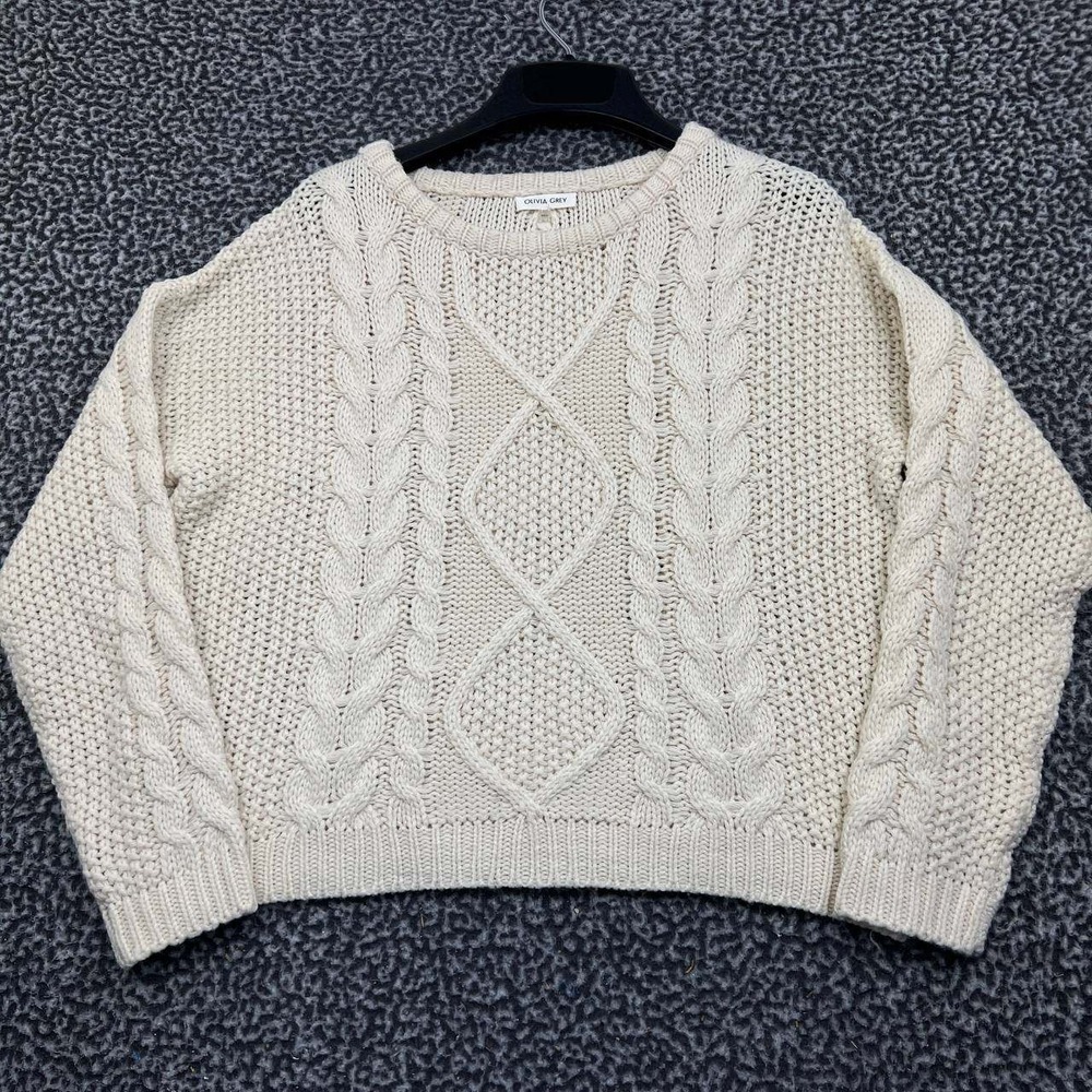 Olivia Grey Sweater Women Medium Beige Cable Knit Pullover Long Sleeve M